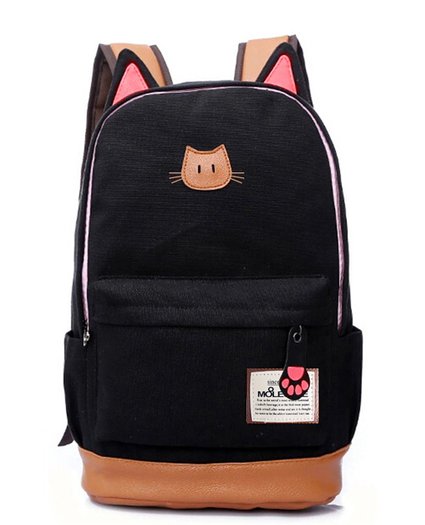 10. Moolecole Leather & Canvas Backpack School Bag Laptop Bag with Cat's Ears Design