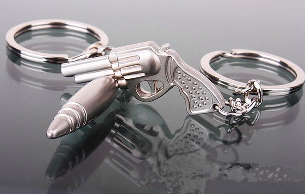 2 4EVER Cool Stainless Alloy Metal Silver Bullet & Gun Couple Keychain Gift Boxed Weapon Sweetheart Pendant Lovers Key Ring Key Chain