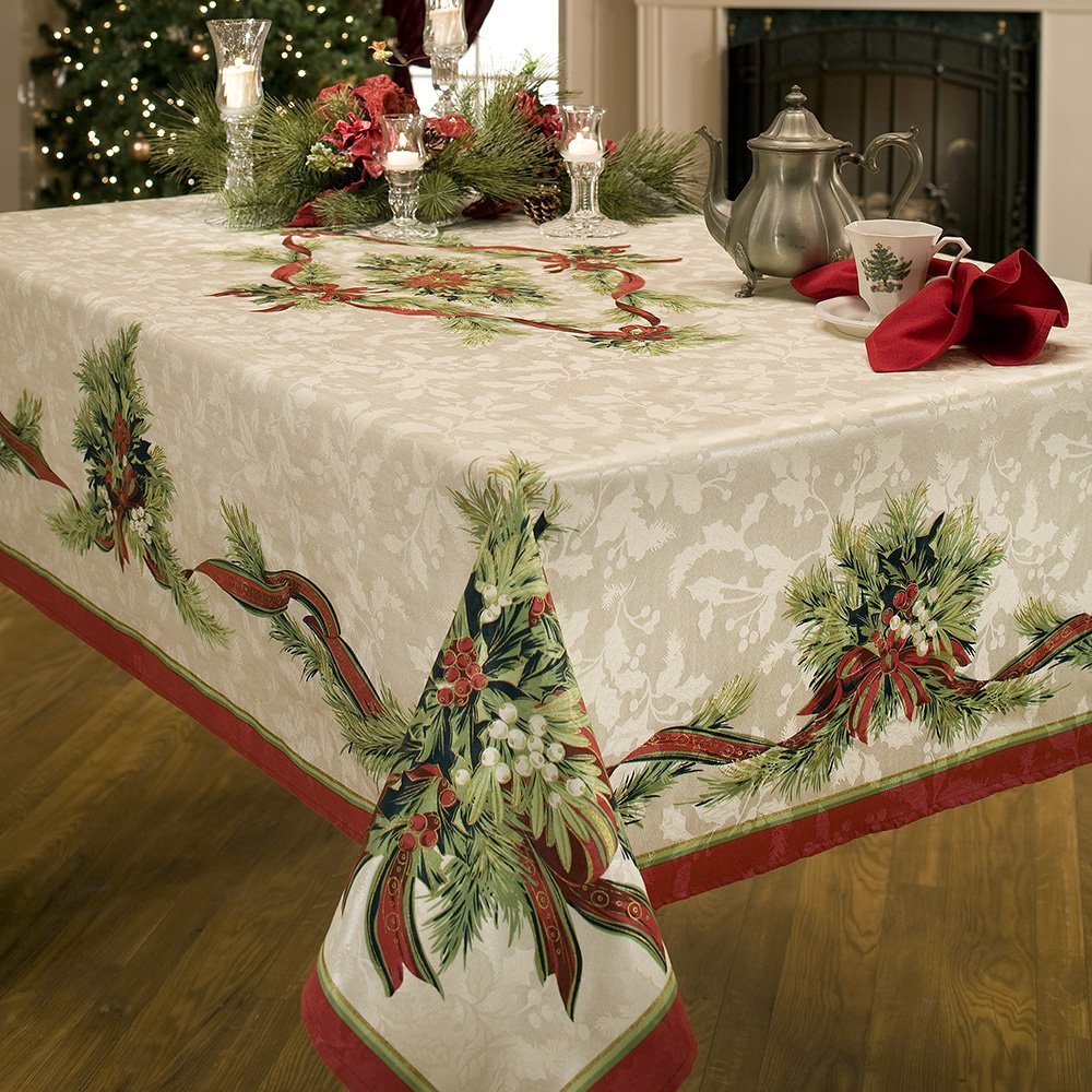 8 Benson Mills Christmas Ribbons Engineered Printed Fabric Tablecloth